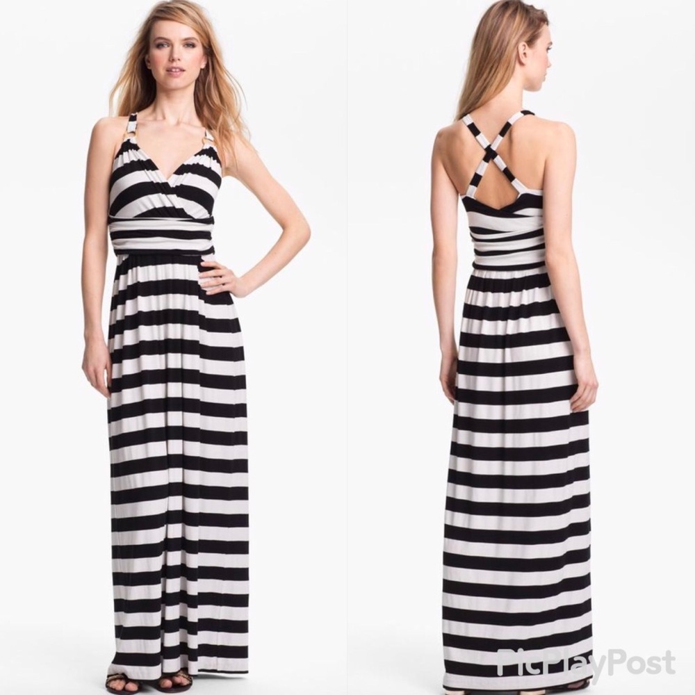 Vince Camuto Blk/Wht Stripe Halter Long Maxi Dress